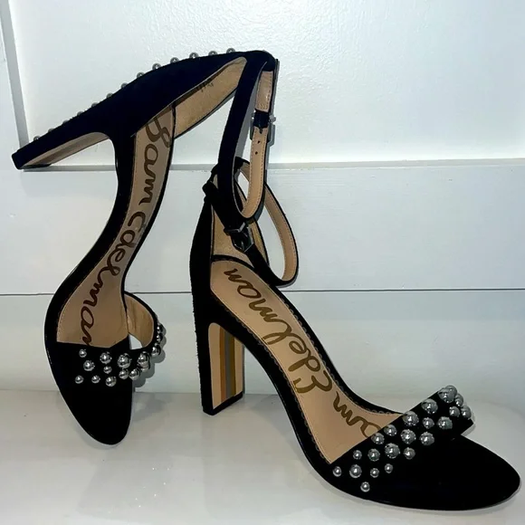 🪩SAM EDELMAN•Yoshi Black Suede Sandals silver studded embellishment •Size 7.5 - Picture 13 of 17